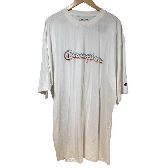 Champion Mens 2XLT White Script Logo Embroidered T-Shirt Big & Tall #482 - Picture 4 of 4